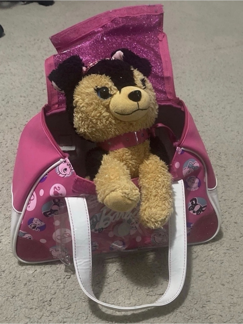 Barbie bag with stuffed dog it works